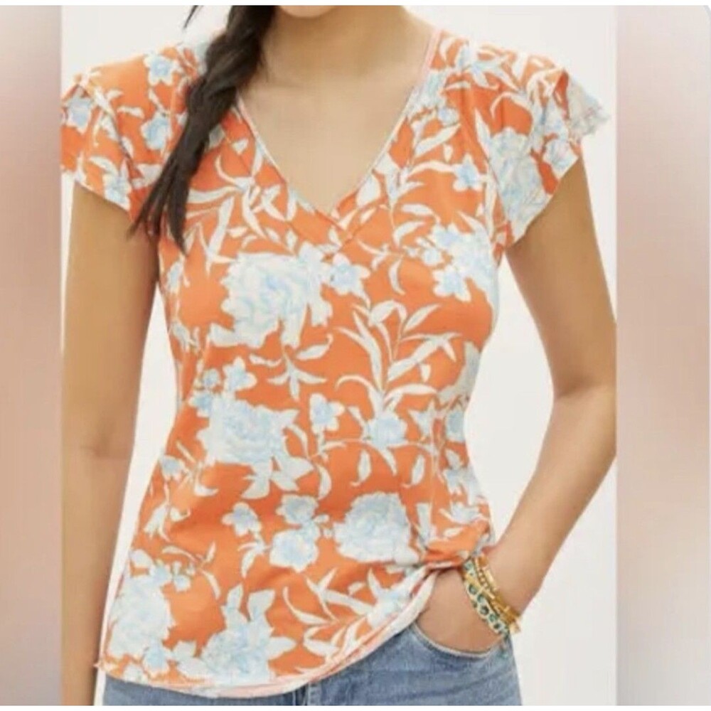 Maeve By Anthropologie Catie Ruffle Sleeve Orange Floral Top  Short Sleeve Sz M